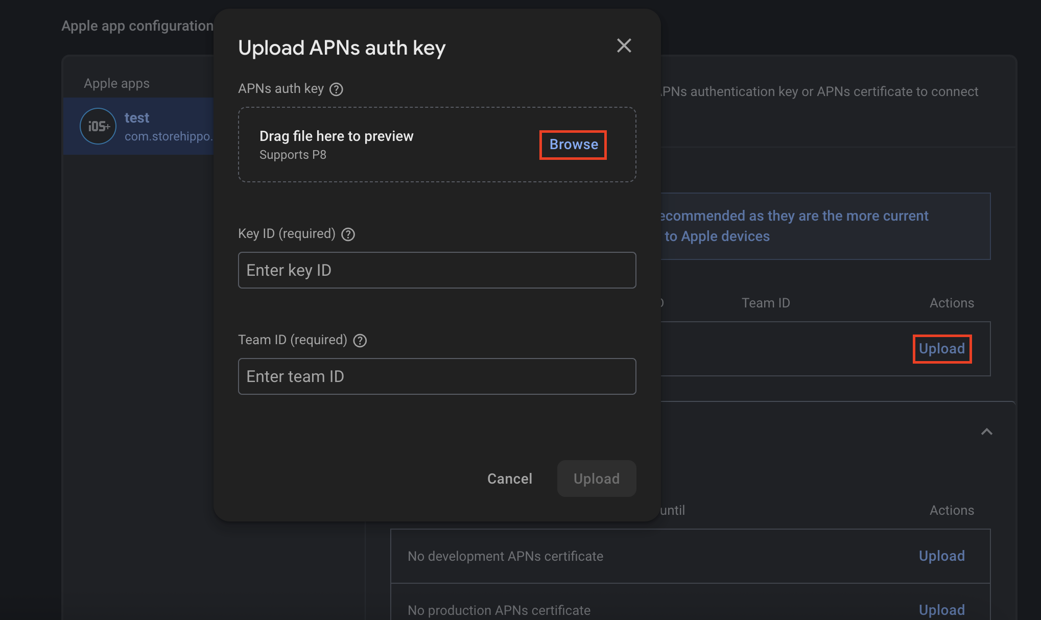 Firebase APNs key window